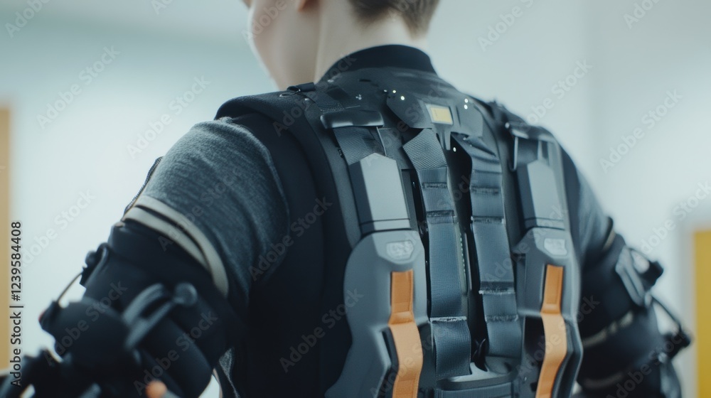 A medium closeup shot focusing on a patient wearing a partially assembled exoskeleton showcasing the adaptive design that conforms to the wearers body emphasizing comfort alongside A medium closeup shot focusing on a patient wearing a partially assembled exoskeleton showcasing the adaptive design that conforms to the wearers body emphasizing comfort alongside