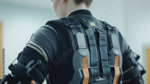 A medium closeup shot focusing on a patient wearing a partially assembled exoskeleton showcasing the adaptive design that conforms to the wearers body emphasizing comfort alongside