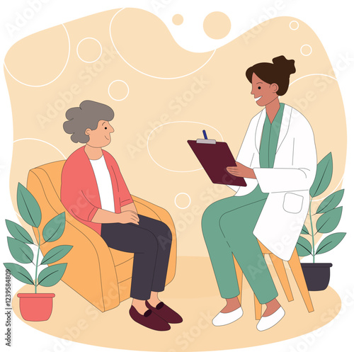 An elderly woman, an older grandmother, is being examined by a doctor in the hospital. Cool vector flat character design