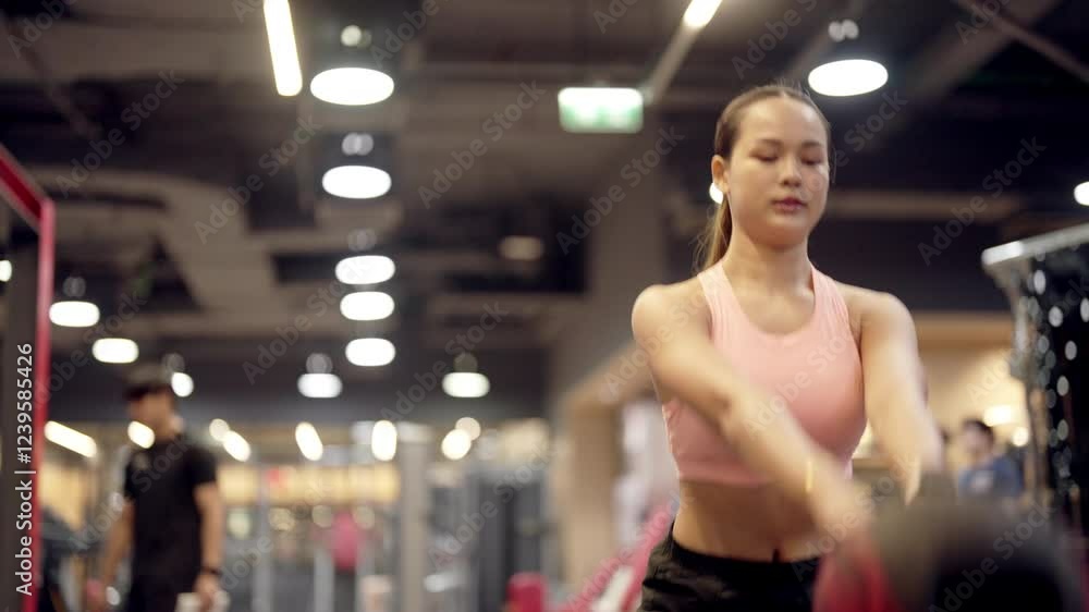 A woman is working out in a gym with a pink tank top on. She is stretching and she is focused on her workout A woman is working out in a gym with a pink tank top on. She is stretching and she is focused on her workout