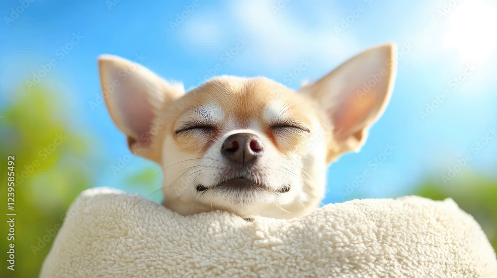 Happy chihuahua naps outdoors on blanket, sunny sky Happy chihuahua naps outdoors on blanket, sunny sky