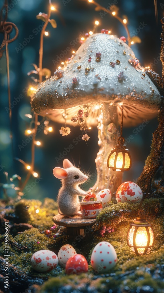 Fototapeta premium In a magical forest, a small mouse enjoys a festive moment beneath a shimmering mushroom, surrounded by brightly decorated Easter eggs and glowing lanterns