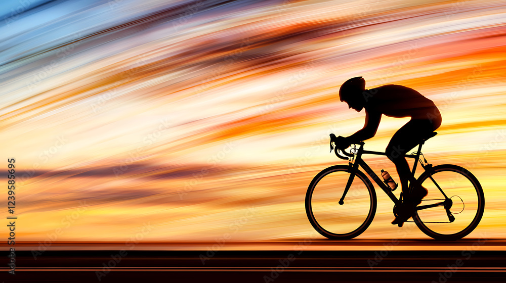 Fototapeta premium silhouette of cyclist riding against vibrant sunset backdrop, showcasing motion and energy