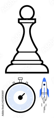 Chess pawn stopwatch and a rocket represent strategy time management, progress, success, innovation, and goals. Ideal for business, education, and personal development concepts. Line metaphor