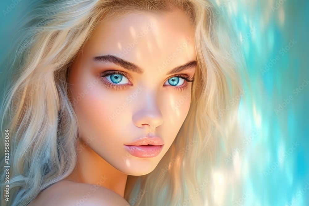Close-up portrait of blonde woman with blue eyes against turquoise background. Beauty concept for skincare, cosmetics, and fashion industry. Feminine elegance and natural look Close-up portrait of blonde woman with blue eyes against turquoise background. Beauty concept for skincare, cosmetics, and fashion industry. Feminine elegance and natural look