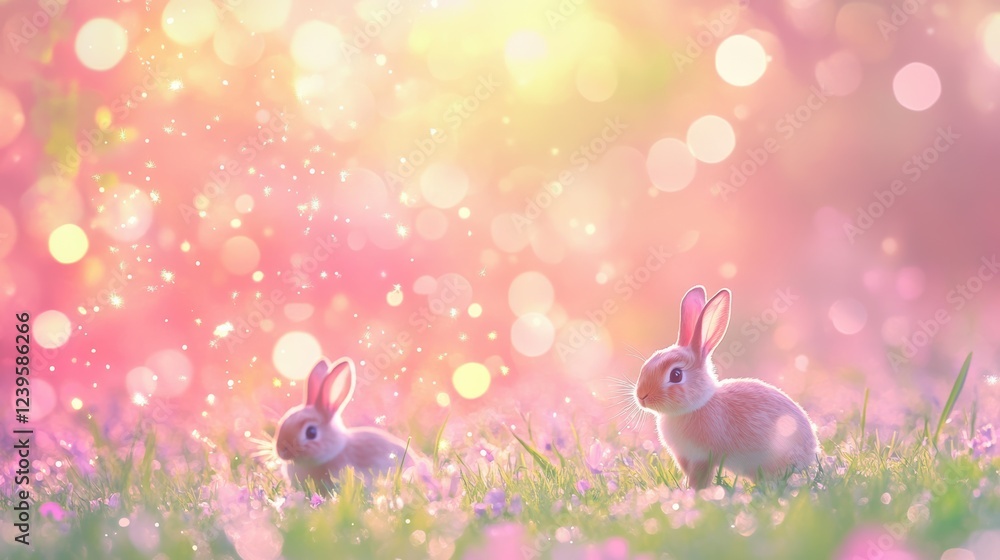 Obraz premium Soft bunnies frolic in a vibrant spring garden filled with pastel colors and sparkling lights, creating a joyful Easter atmosphere full of life and renewal