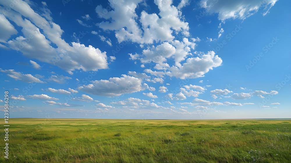 Endless Green Plain Under a Bright Blue Sky with Fluffy White Clouds and Gentle Breezes Endless Green Plain Under a Bright Blue Sky with Fluffy White Clouds and Gentle Breezes