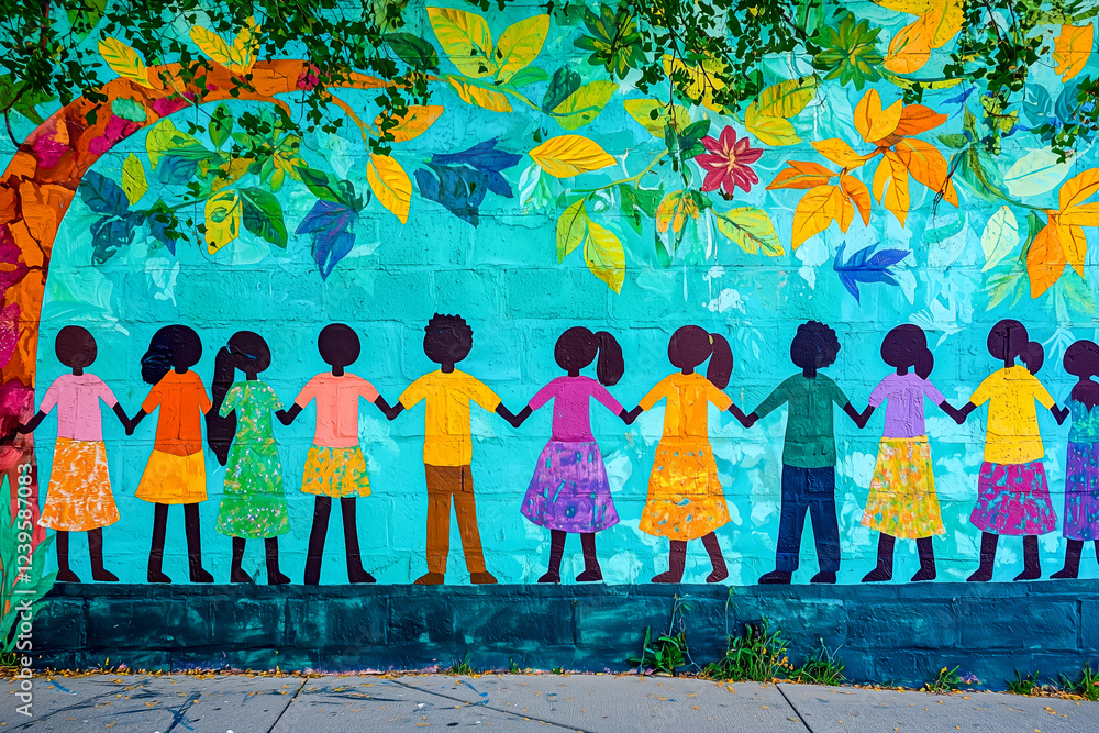 Naklejka premium A vibrant mural depicting children holding hands under a leafy tree, symbolizing unity and community.