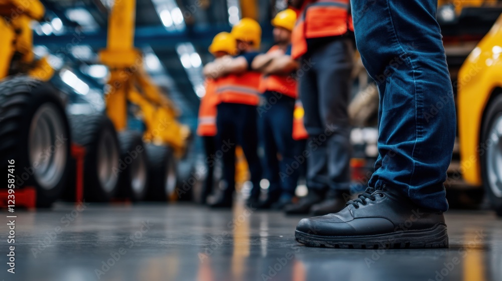 Obraz premium Worker in Safety Shoes Overlooking Industrial Warehouse with Team in Background Wearing Safety Gear