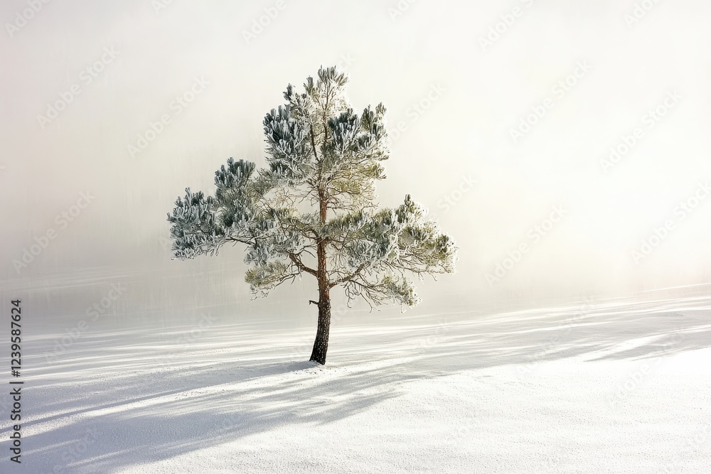 Snowy tree on winter landscape with cloudy sky Snowy tree on winter landscape with cloudy sky