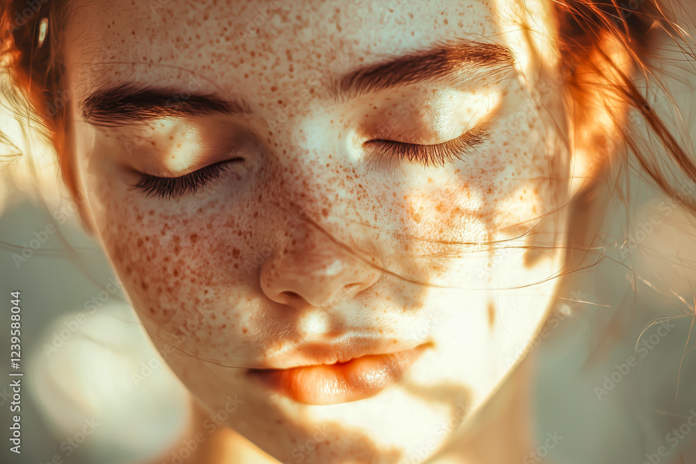 Close-up of a person's face with freckles, eyes closed, bathed in sunlight. The warm light accentuates the skin's texture and natural beauty. Close-up of a person's face with freckles, eyes closed, bathed in sunlight. The warm light accentuates the skin's texture and natural beauty.