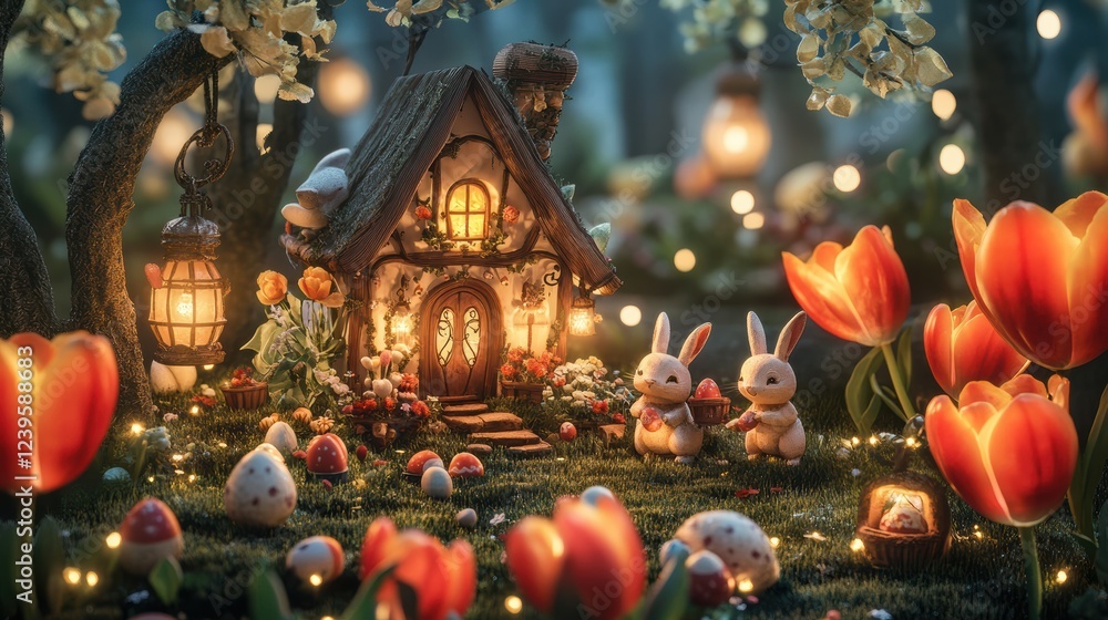 Fototapeta premium In a whimsical setting, two adorable bunnies gather mushrooms near a quaint cottage. Vibrant tulips bloom around, illuminated by warm lanterns, creating an enchanting Easter atmosphere