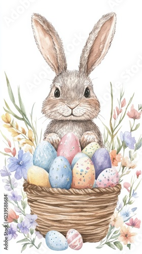 A fluffy bunny sits among a collection of pastel Easter eggs in a woven basket, surrounded by delicate flowers. This charming watercolor brings a festive touch to the Easter celebration