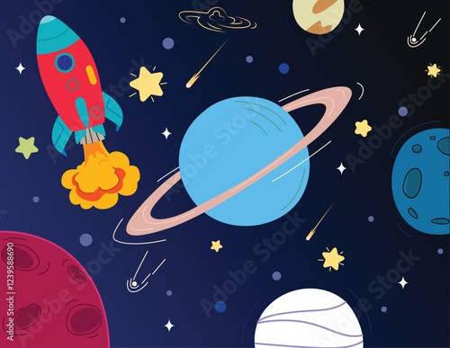 Flying Rocket Near Galaxy Planets Vector Illustration