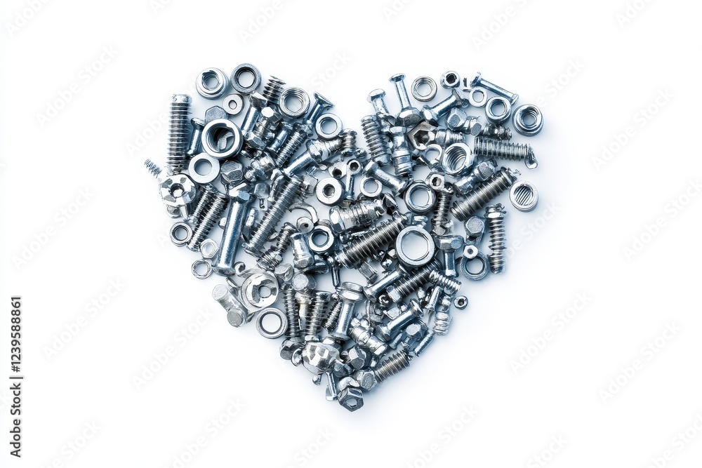 Ideal for celebrating Father's Day and wedding anniversaries Father's Day and wedding anniversary design featuring a heart made from bolts and nuts on a white background White background adorned Ideal for celebrating Father's Day and wedding anniversaries Father's Day and wedding anniversary design featuring a heart made from bolts and nuts on a white background White background adorned