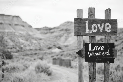 Outdoors, a black and white wooden signpost bears a text quote about love with no limits photo