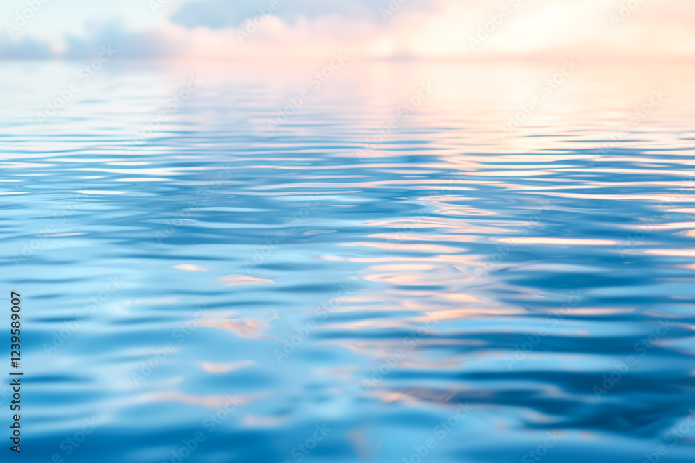 Fototapeta premium Calm water reflecting a soft, pastel sky at sunrise or sunset. Gentle ripples and serene colors create a peaceful atmosphere.