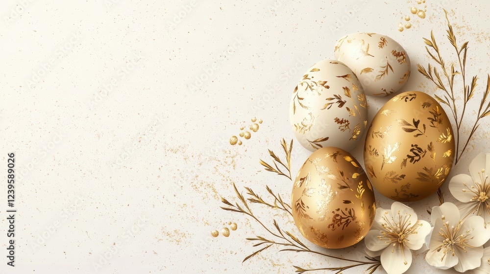 Obraz premium Stylized decorative Easter eggs with golden and white floral patterns are artistically arranged with delicate flowers and subtle textures. The composition exudes a festive, springtime ambiance