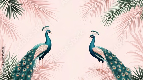 Hand-drawn tropical Toile de Jouy design of peacocks under palm arches, set in a soft pastel palette, luxury tropical theme photo