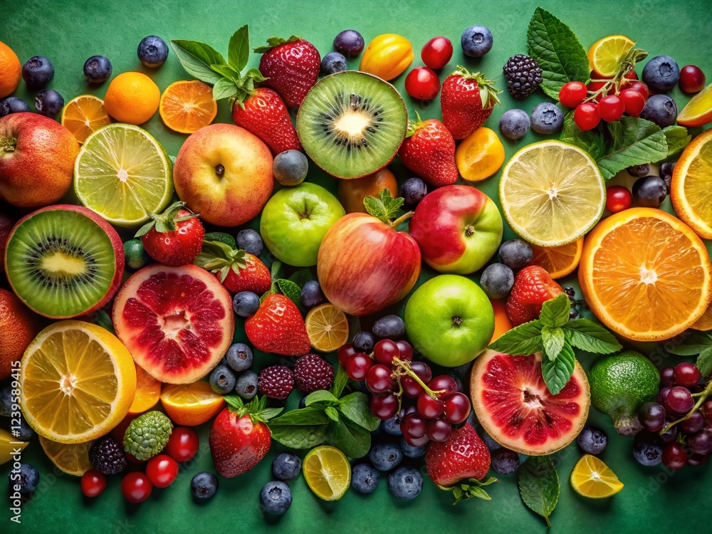 Abundant Summer Fruit Flat Lay: Colorful Berries, Citrus & Tropical Fruits on Green Background Abundant Summer Fruit Flat Lay: Colorful Berries, Citrus & Tropical Fruits on Green Background