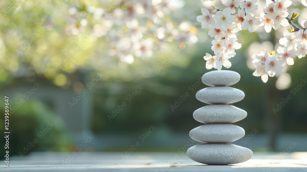 Obraz premium Balanced stones under cherry blossoms, zen garden scene, serenity, mindfulness