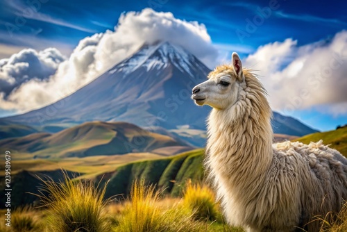 Adorable Alpaca Grazes Near Pichincha Volcano's Majestic Peak, Ecuador