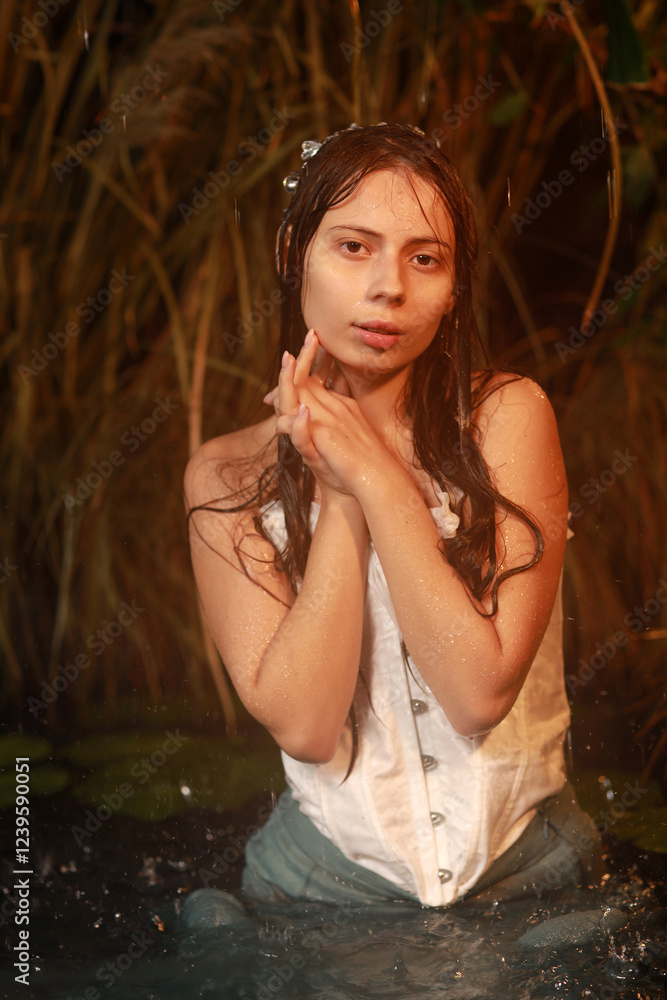 Fototapeta premium Young beautiful woman in the jungle in the rain