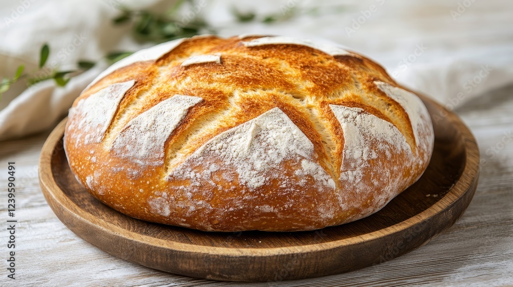 Golden artisan sourdough bread with crusty texture and flour Golden artisan sourdough bread with crusty texture and flour