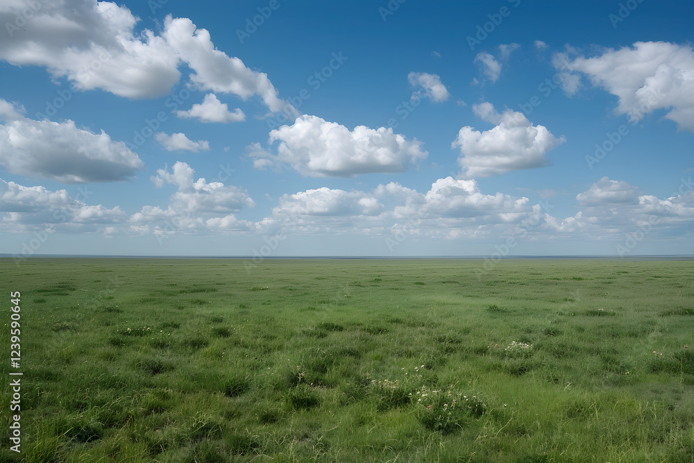 Endless Green Plain Under a Bright Blue Sky with Fluffy White Clouds and Gentle Breezes Endless Green Plain Under a Bright Blue Sky with Fluffy White Clouds and Gentle Breezes