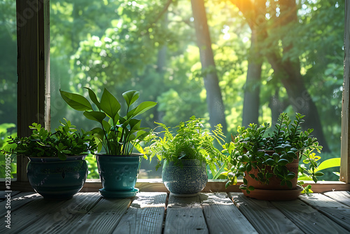 gardening and sustainability, potted plants on the porch, leaves swaying in the wind, honoring natures gifts on arbor day with care and dedication photo