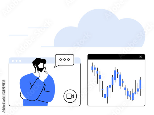 Businessman thinking during a video call, next to a screen showing a fluctuating stock chart. Ideal for business strategy, finance, virtual meetings, market analysis, decision making, investment