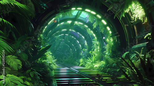 Futuristic tunnel in the jungle with neon lights. tropical plants cover the roof of the tunnel. fantastic biopunk wallpaper. Biopunk Elements. Illustration photo