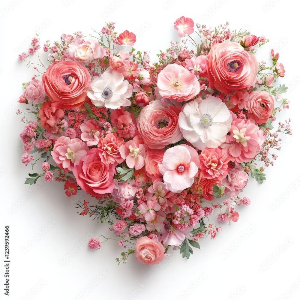 The heart shape, vibrant and made up of diverse pink and coral flowers, conveys love and affection The heart shape, vibrant and made up of diverse pink and coral flowers, conveys love and affection