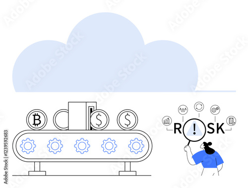 Conveyor belt with Bitcoin, dollar coins, and analytics under a blue cloud. Person examining Risk using magnifier. Ideal for finance, cryptocurrency, cloud computing, automation, fintech strategy