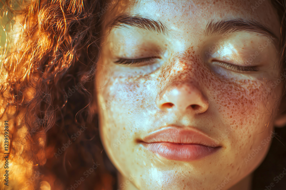 Close-up of a person with freckles and curly hair, eyes closed, basking in sunlight. A moment of peaceful serenity. Close-up of a person with freckles and curly hair, eyes closed, basking in sunlight. A moment of peaceful serenity.