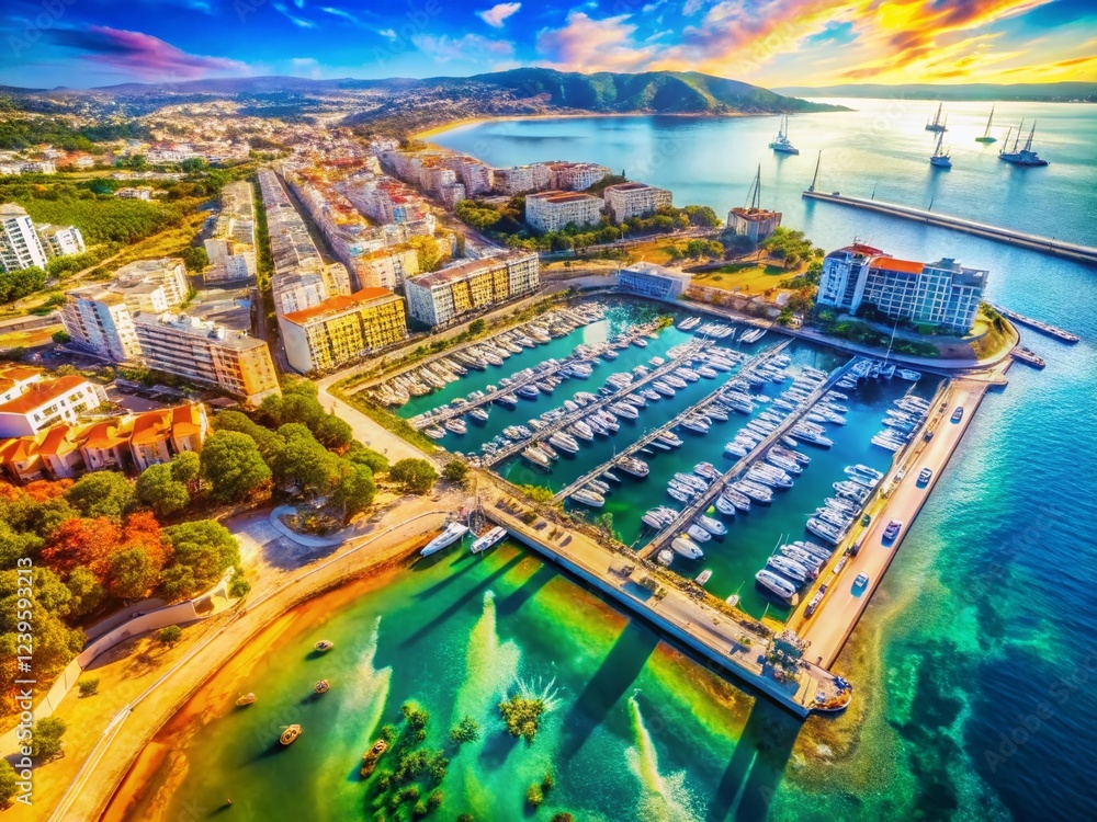Fototapeta premium Coastal Town Aerial View: A vibrant coastal town unfolds, showcasing a picturesque marina filled with yachts, pristine beaches.