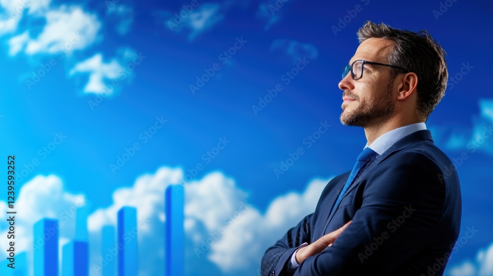 A professional man gazes confidently towards a bright skyline, symbolizing ambition and success in a corporate environment. A professional man gazes confidently towards a bright skyline, symbolizing ambition and success in a corporate environment.