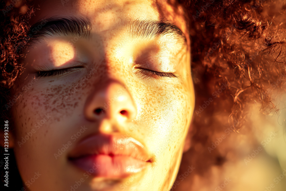 Close-up of a person with freckles and curly hair, eyes closed, bathed in warm sunlight. A moment of peace and serenity. Close-up of a person with freckles and curly hair, eyes closed, bathed in warm sunlight. A moment of peace and serenity.