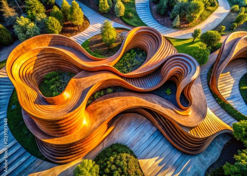 Aerial View Abstract Wood Sculpture: Colorful, Curved, Wavy Forms photo