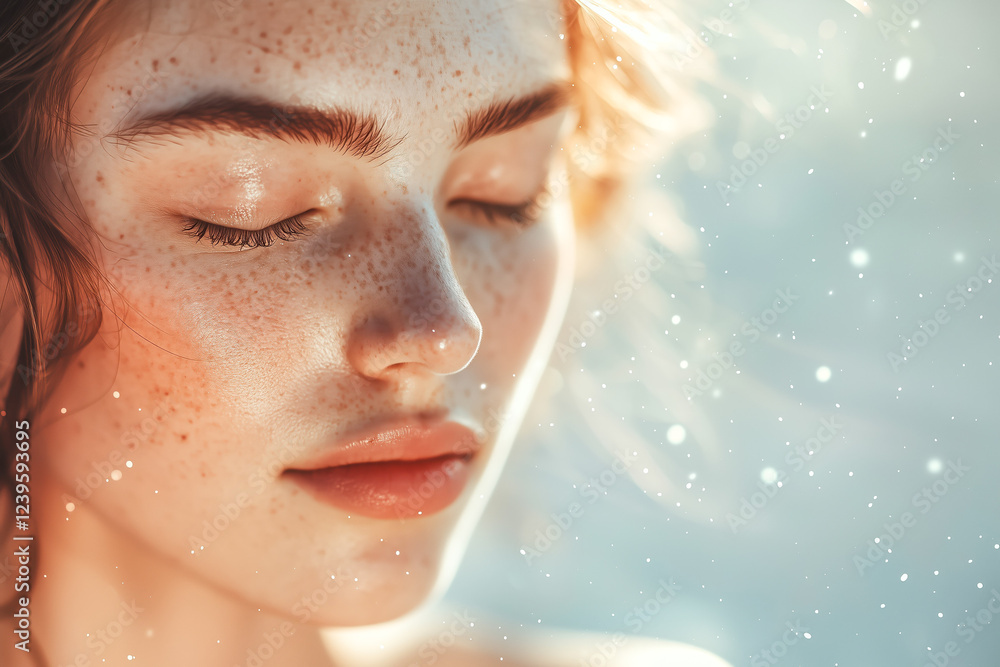 Close-up of a person's face, eyes closed, sunlit skin with freckles, peaceful expression. Soft light and bokeh effect. Close-up of a person's face, eyes closed, sunlit skin with freckles, peaceful expression. Soft light and bokeh effect.