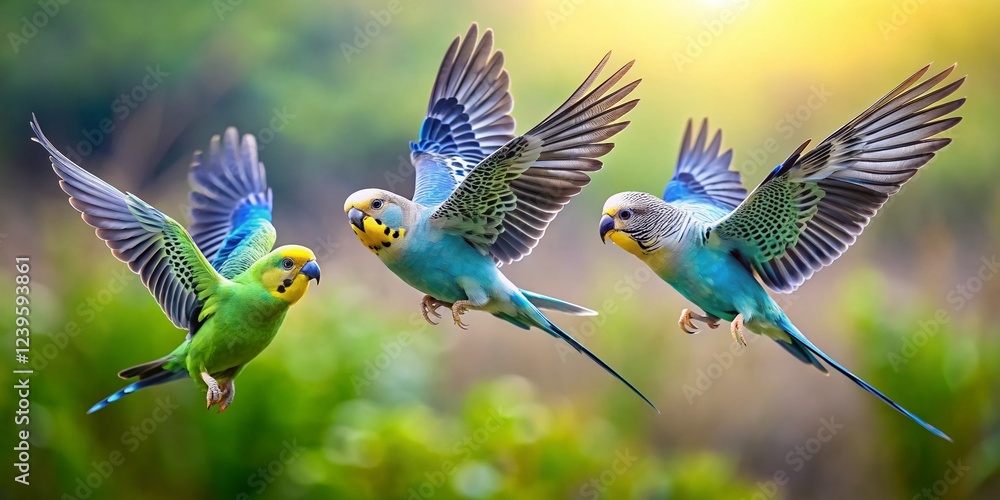 Fototapeta premium Aerial View: Four Parakeets in Flight, Blue-Gray Budgie, Green Budgie on Ground