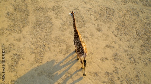 A giraffe seen from above, its legs and neck creating an elegant and symmetrical pattern as it walks.