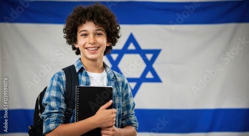 A cheerful boy with curly hair holds a notebook while standing in front of an Israeli flag in a classroom.