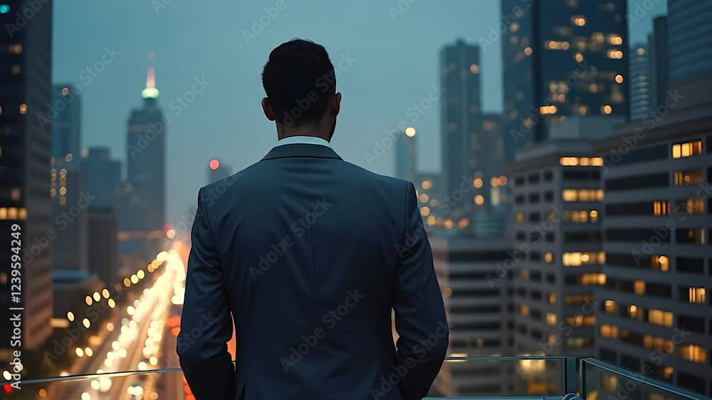 Businessman in Suit Looking at City Skyline at Night Businessman in Suit Looking at City Skyline at Night