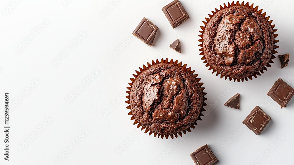 Detailed flat-lay of two chocolate muffins, their soft cocoa textures contrasting beautifully with the plain white background for a fresh, modern look Detailed flat-lay of two chocolate muffins, their soft cocoa textures contrasting beautifully with the plain white background for a fresh, modern look