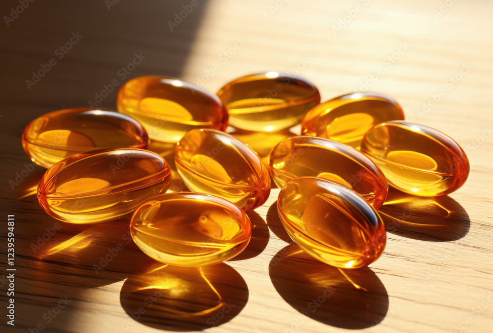 Golden capsules arranged on wooden surface, reflecting light beautifully. These supplements are often associated with health and wellness Golden capsules arranged on wooden surface, reflecting light beautifully. These supplements are often associated with health and wellness