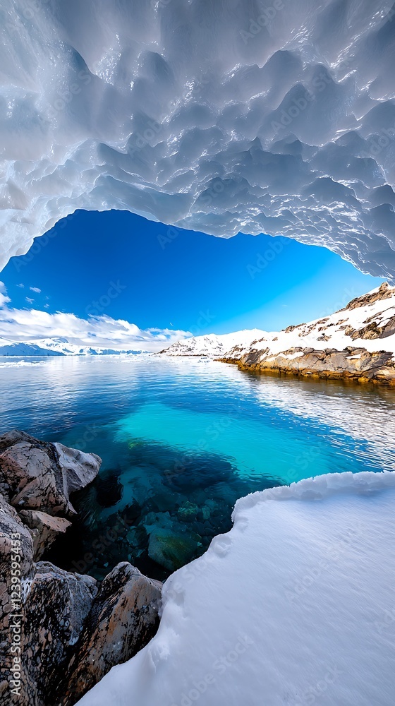 Icy Blue Cave Entrance Overlooking a Tranquil Sea Icy Blue Cave Entrance Overlooking a Tranquil Sea
