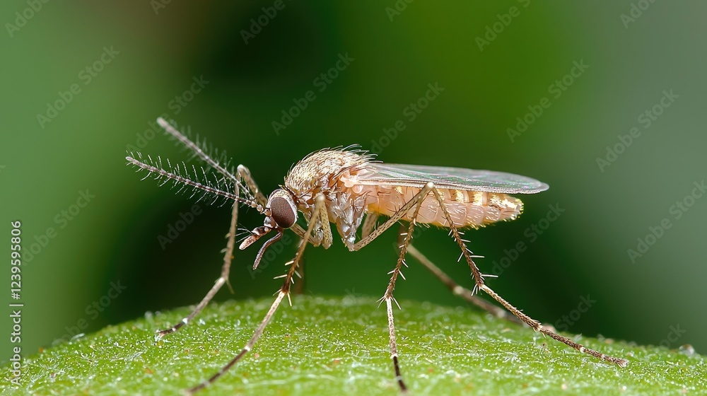 Fototapeta premium Mosquito on leaf, close-up, green background, nature study