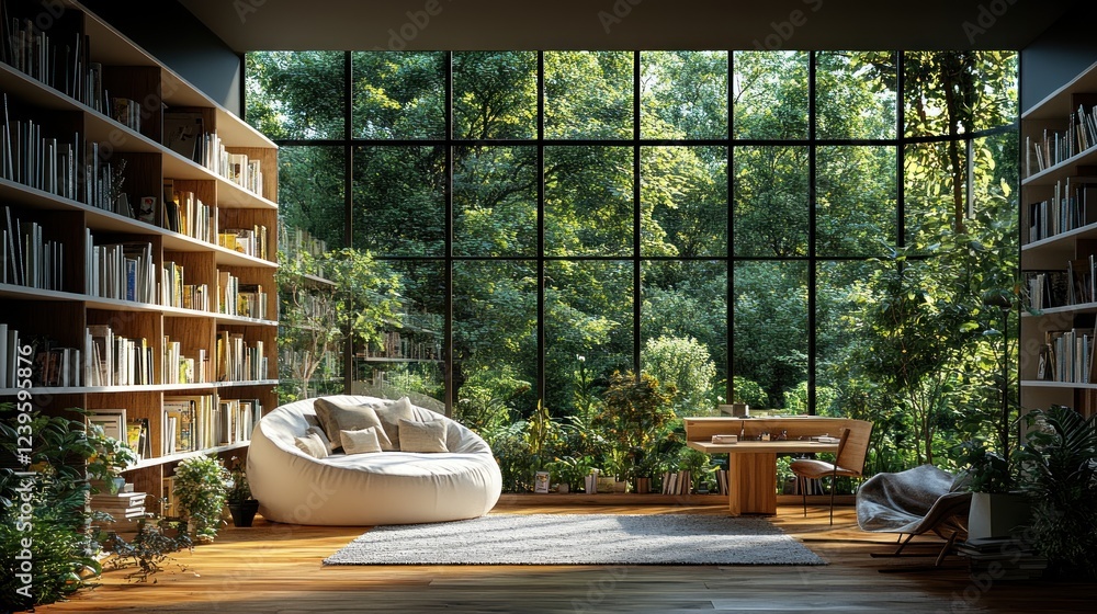 Modern library, forest view, reading nook, sunlight, serene Modern library, forest view, reading nook, sunlight, serene