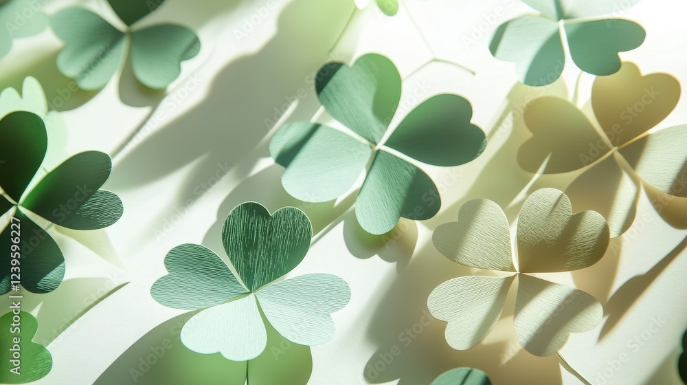 Obraz premium Cluster of paper cut four-leaf clovers in varying sizes, organic layout, muted greens with pastel accents, smooth shadow play on a neutral background